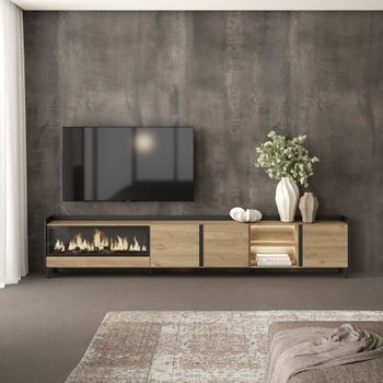 Mueble tv efecto madera roble negro 315x35x61cm chimenea efecto fuego