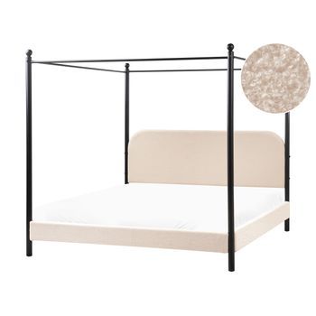 Cama Con Dosel De Metal Negro Retro Minimalista Somier De Listones Madera De Álamo Tapicería De Bouclé Beige 180 X 200 Cm Dannemois