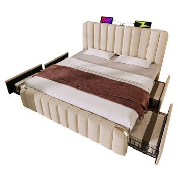 Cama Tapizada 180 X 200 Cm Con 4 Cajones Y Cabecero - Tomas Usb Y Tipo C - Tela De Lino - Rayas Decorativas - Beige (sin Colchón)