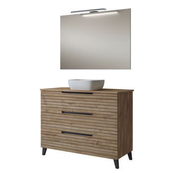 Kibath Mueble De Baño Con Lavabo, Espejo Y Aplique Led Ken 100x45 Cm Sobre Encimera Acabado Desierto Mate 3 Cajones Con Patas