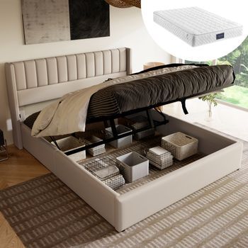 Cama Contenedor 140 X 200 Cm Con Cabecero - Tela De Lino - Patrón De Costura Vertical - Beige + Colchón