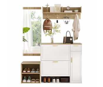 Conjunto de recibidor 139,5x35x166 cm - con zapatero, banco, perchero de pared y espejo - natural+blanco
