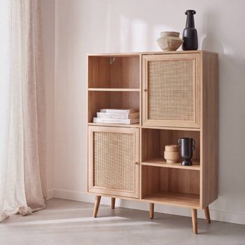Aparador De 4 Puertas Con Almacenaje De Caña Y Efecto Madera, Natural
