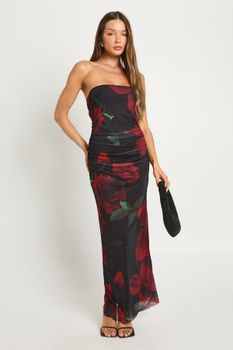 Vestido Maxi Palabra De Honor De Malla Con Estampado De Flores, Negro