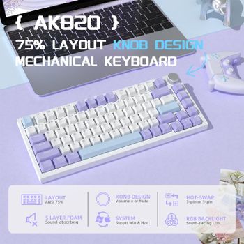 Teclado Mecánico para Juegos AJAZZ AK820 con Diseño 75% y Cable, Perilla de Volumen, LED Luminescente, Teclas PBT, RGB Programable, Interruptores Intercambiables en Caliente