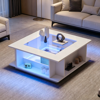 mesa de centro cuadrada blanca 70 x 70 x 30 cm con cristal e iluminacion led