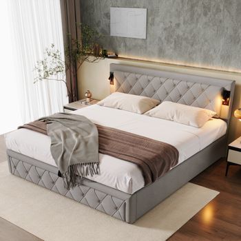 Cama Tapizada 180x200 Con Canapé Abatible, Luz De Lectura Y Usb, Lino Gris