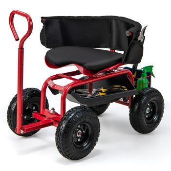 Costway Carrito de Jardinería con Asiento Giratorio 360° Altura Ajustable 4 Ruedas Todoterreno Almacenamiento para Patio Césped Carga 150kg Rojo