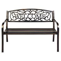 costway banco de jardin asiento de exterior estructura de metal con letrero welcome para terraza patio balcon bronce 127 x 635 x 89 cm