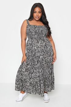 Yours Vestido Largo Negro Estampado De Tirantes Con Cuerpo Fruncido, Mujer Curvy Y Tallas Grandes, Yours