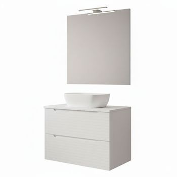 Kibath Mueble De Baño Con Lavabo, Espejo Y Aplique Led Boreal 60x45 Cm Sobre Encimera Acabado Blanco Mate 2 Cajones Suspendido