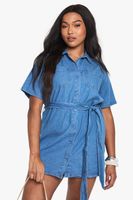 vestido plus vaquero de cambray con cinturon azul