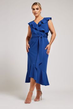 Yours London Vestido Azul Cobalto Con Volantes, Mujer Curvy Y Tallas Grandes, Yours London