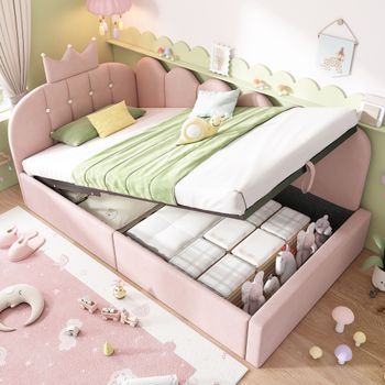 Cama Con Almacenamiento De 90 X 190 Cm Con Cabecero En Forma De L Con Diseño De Corona Y Celosía - Tapizado En Terciopelo - Rosa