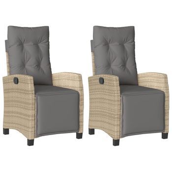 Pack 2 Uds Sillón Reclinable Jardín | Silla De Jardín Reposapiés Ratán Pe Beige Mezcla