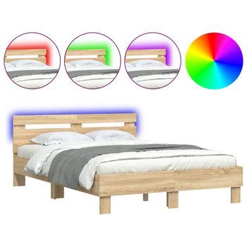 Cama Matrimonial | Cama Para Adultos | Estructura De Cama Cabecero Y Luces Led Roble Sonoma 120x190 Cm