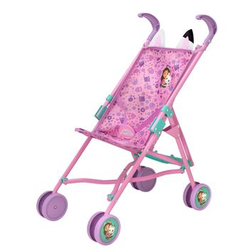 Gabby's Dollhouse - Carrito bebé paseo juguete, mide 53 cm alto, color morado y rosa, cinturón ajustable, sillita muñecas, plegado tipo paraguas, juguetes para 2 años niña, mi primer carro de muñecas,