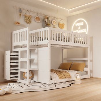 Litera Infantil Baja De 140 X 200 Cm, Madera Blanca, Barandilla Alta Y Escalera Con Cajones
