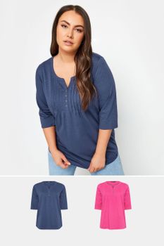 Yours Camiseta Algodón Cuello Panadero: Rosa Y Azul, Mujer Curvy Y Tallas Grandes, Yours