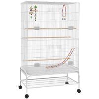 pawhut jaula para pajaros con ruedas bandeja extraible puertas comederos perchas y estante inferior 79x49x133 cm blanco