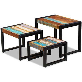 3 Uds Mesas Apilables | Mesita Auxiliar | Mesa De Café Madera Maciza Reciclada