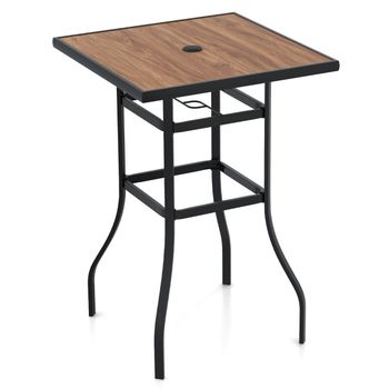 Costway Mesa de Bar 70 cm Mesa Cuadrada Exterior con Altura de Barra con Orificio para Sombrilla de 39 mm Estructura de Metal para Jardín Patio