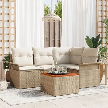 Juego De Sofá De Jardín De 5 Piezas Con Cojines Beige En Poliratán Y Acacia V4372 Unico / Beige