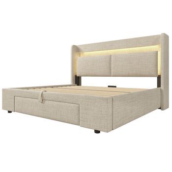 Cama Doble De 140x200 Cm-led, Usb + Tipo-c, Lino, Color Beige.