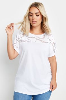 Yours Camiseta Algodón Blanca Con Panel De Malla Floral, Mujer Curvy Y Tallas Grandes, Yours