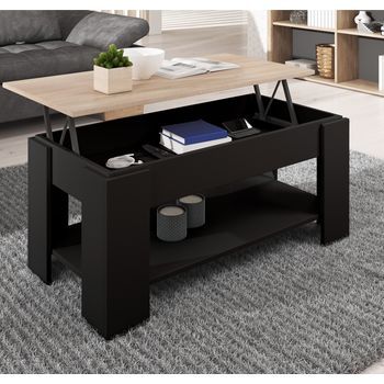 Mesa De Centro Elevable | Mesa De Salon Elevable | 1 Compartimiento | 100x50x43,5 Cm | Modelo Nicoleta | Negro Y Sonoma Mate