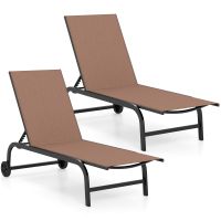 costway set de dos tumbonas exteriores con respaldo ajustable en cinco niveles y ruedas deslizantes estructura metalica resistente 190 x 69 cm cafe