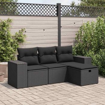 Juego De Sofás Jardín 4 Uds | Juego De Muebles De Jardín Con Cojines Ratán Sintético Negro Cfw21118