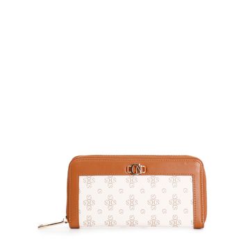 cartera con cremallera redonda en saffiano con estampado de monogramas y accesorio metalvetti tan