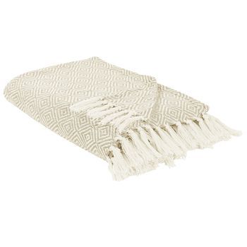 Colcha De Algodón Con Flecos Sala De Estar Dormitorio Textil Beige Claro 200 X 220 Cm Toutli