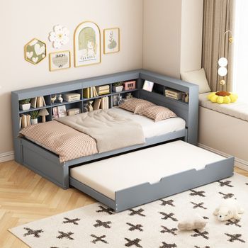 Cama Canapé Individual Con Usb Y Almacenamiento, 90x200 Cm, Madera Maciza, Gris