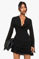 vestido mini de manga larga plisado negro