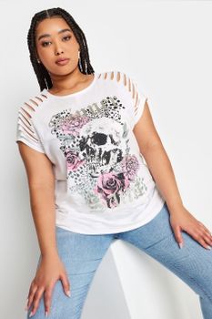 Yours Camiseta Blanca Algodón Calavera Mangas Cut Out, Mujer Curvy Y Tallas Grandes, Yours