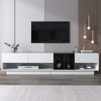 Mueble De Tv Con Almacenaje, Diseño En Blanco Y Negro, Mdf, Con 3 Cajones Y Estantes, Acabado Alto Brillo (190x40x42cm)