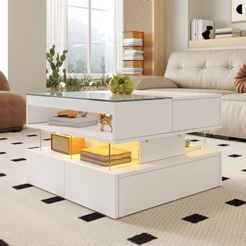 Mesa De Centro Elevable Con Led De 16 Colores, Vidrio Y Almacenamiento, 70 × 67 × 57 Cm