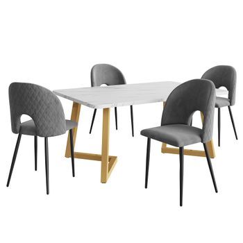 Conjunto Comedor 117 X 68 Cm Con 4 Sillas Grises Y Patas De Mesa Doradas