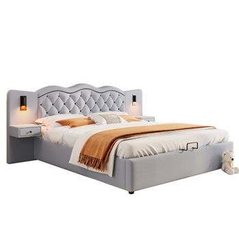 Cama Contenedor Moderna 180 X 200 Cm - 2 Mesitas De Noche, 2 Lámparas De Noche Y Usb - Tela De Lino - Gris
