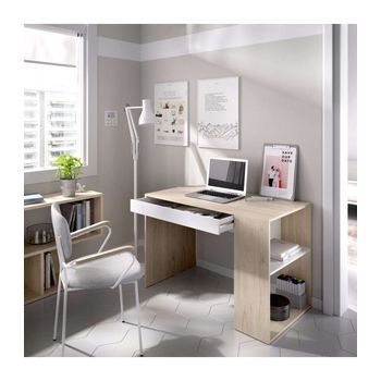 Escritorio Navas Con Estante Y Cajón, Estilo Natural-blanco