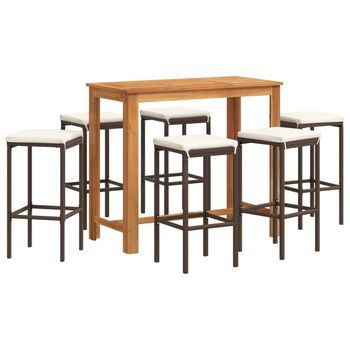 Mesa Y Taburetes De Jardín 7 Uds | Conjunto De Mesa Y Sillas Madera Acacia Ratán Pe Marrón