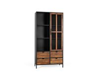 vitrina con 4 cajones y puerta de cristal con estructura metalica
