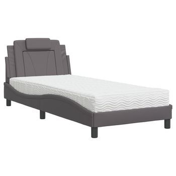 Cama Individual | Cama Para Adultos | Cama Con Colchón Cuero Sintético Gris 80x200 Cm