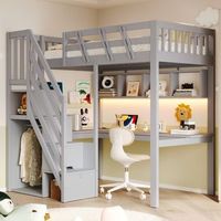 cama alta infantil 90x200 con escritorio integrado escalera y led gris