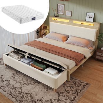 Cama Doble 140x200 Roble Claro Madera, Cabecero Terciopelo Beige Almacenamiento, Led, Banco Almacenamiento, Con Colchón