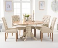epsom oak and cream painted pedestal extending dining table with claudia cream fabric dining chairs - cream 4 chairs
