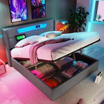 Cama De 160x200 Cm, Cabecero Con Usb Tipo C, Led Con Mando A Distancia, Almacenamiento Hidráulico, Lino, Sin Colchón, Color Beige