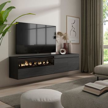 Mueble tv efecto madera negro 200x35x45cm chimenea efecto fuego